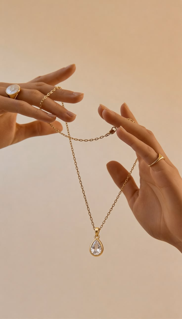 Gold pendant necklace held between two hands on a warm beige backdrop