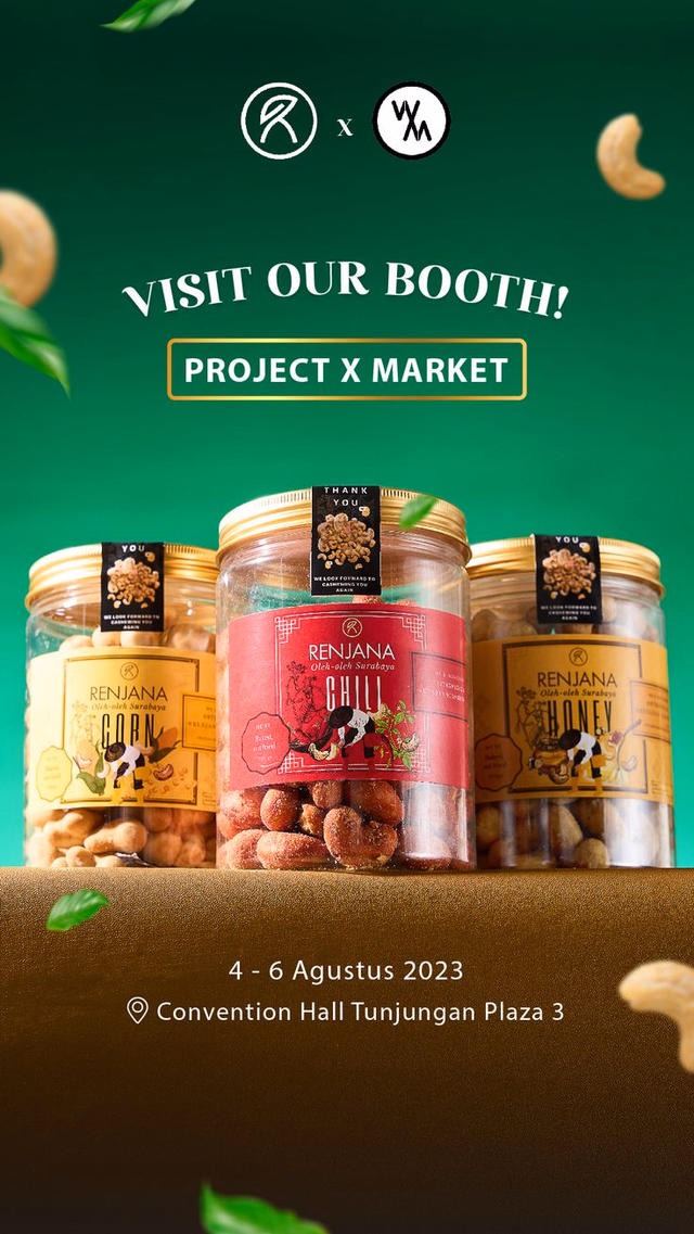 Event announcement creative with three jars of Renjana nuts and floating cashews