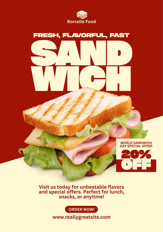 Sandwich promo creative with a 20 percent off badge and an order now button