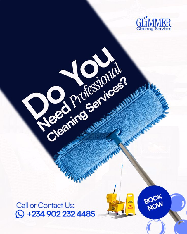 Cleaning services ad with a mop, contact number and a book now button