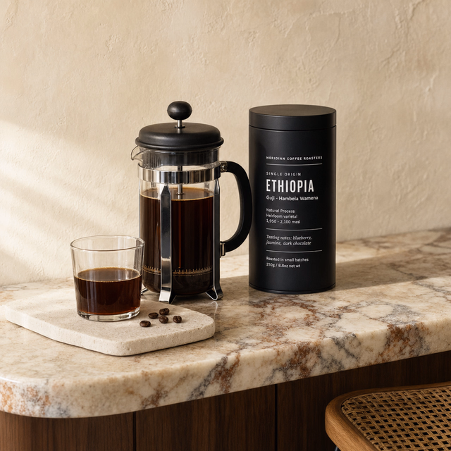 French press and Ethiopia single origin coffee tin on a marble counter