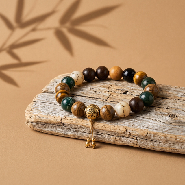 Beaded stone bracelet displayed on driftwood against a warm beige backdrop