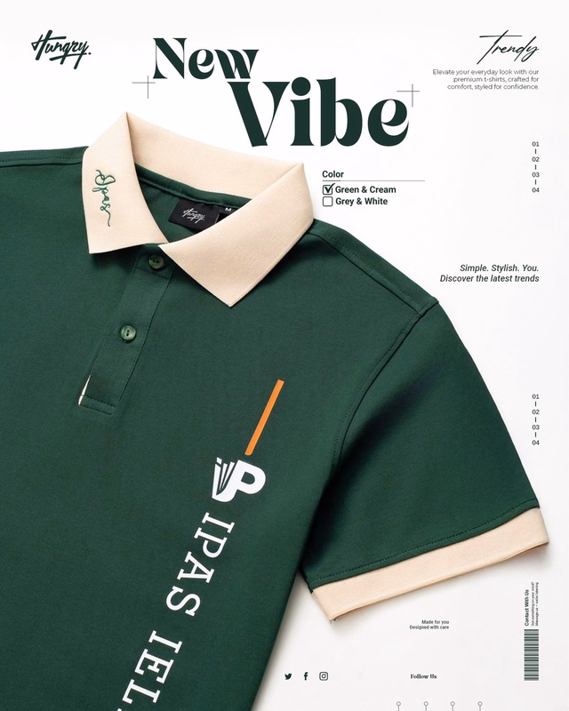 New Vibe polo shirt product layout with color options and brand details