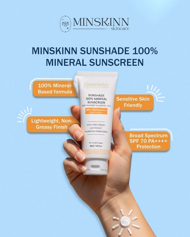 Minskinn mineral sunscreen ad with feature callouts and a hand holding the tube