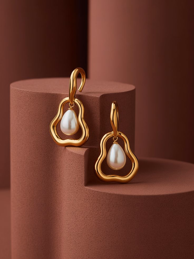 Gold and pearl drop earrings styled on terracotta pedestals