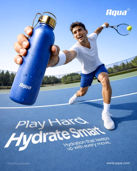 Aqua water bottle ad with a tennis player and the line Play Hard Hydrate Smart