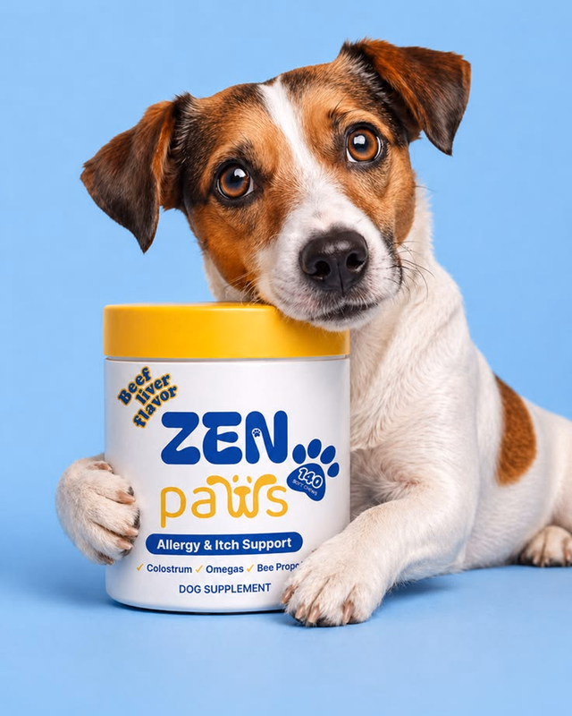 Jack Russell terrier resting beside a Zen Paws dog supplement jar