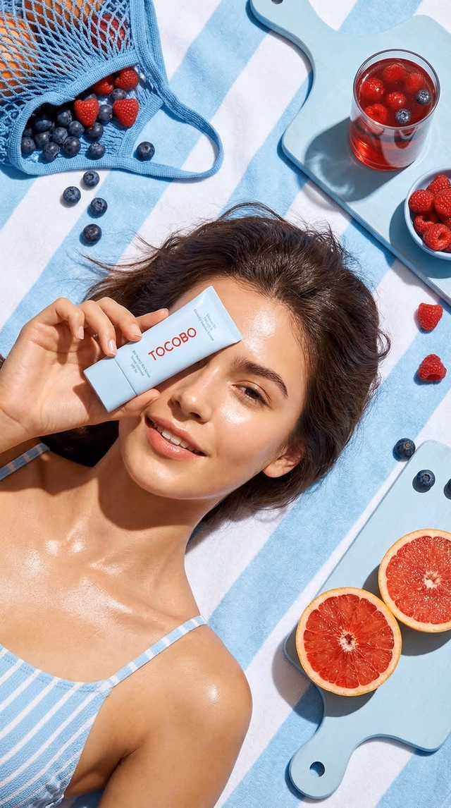 Model holding a Tocobo skincare tube surrounded by fresh berries and grapefruit