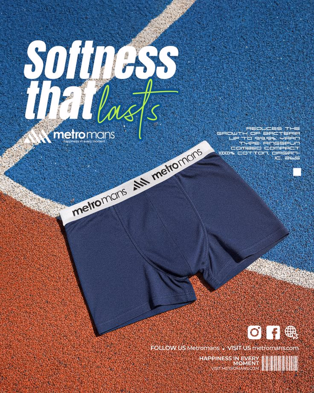 Metromans boxer brief ad on a running track with the line Softness that lasts