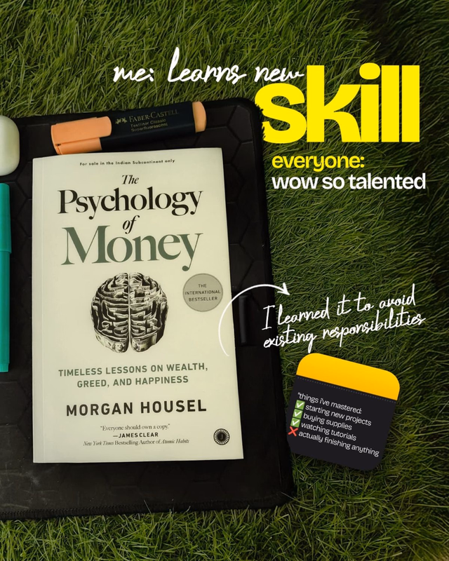 Flat lay meme post featuring The Psychology of Money book on grass